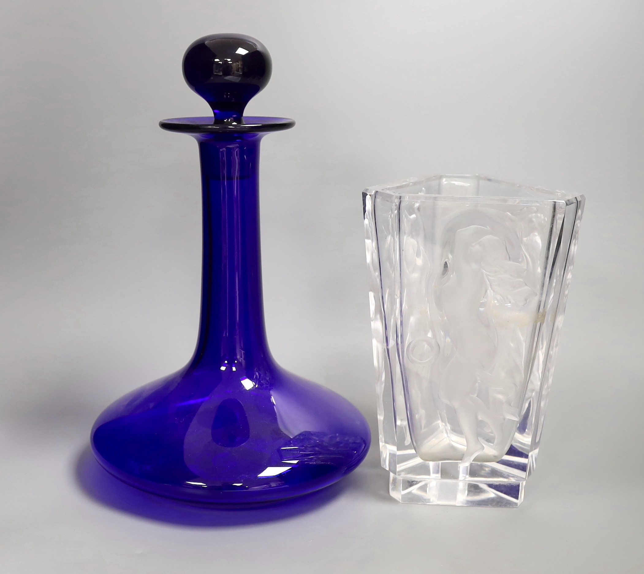 A Czech Bohemian frosted glass vase and a Bristol blue decanter, decanter 30cms high